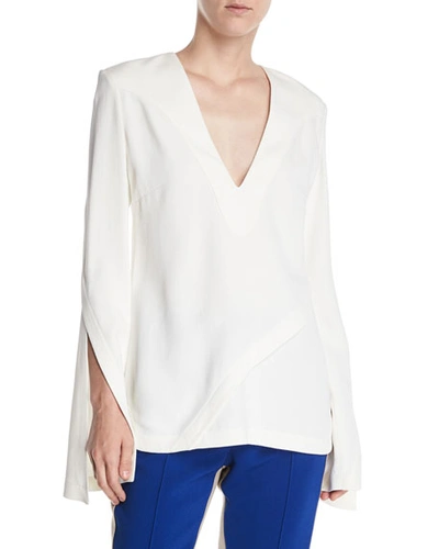 Derek Lam V-neck Split-sleeves Asymmetrical-seams Pebble Crepe Top In White