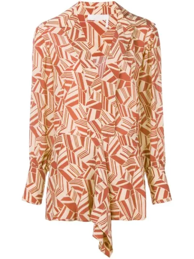 Chloé Geometric-print Silk Crepe De Chine Blouse In Light Brown