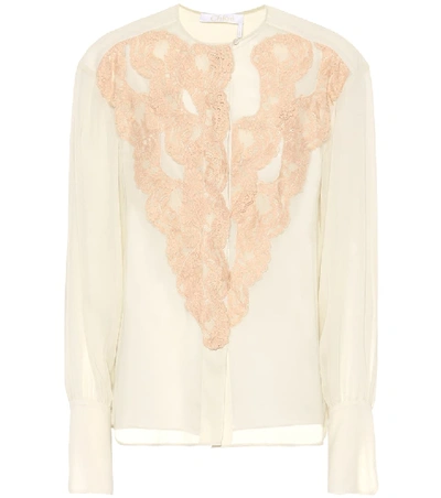 Chloé Long-sleeve Lace-front Chiffon Blouse In Beige