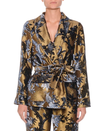 Frs By Francesca Ruffini Metallic Devore Foliage Applique Robe Top W/ Tie Waist In Blue Pattern