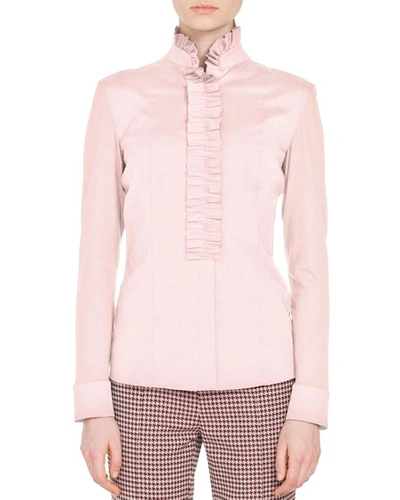 Akris Punto Ruched Stand-collar Button-front Long-sleeve Cotton Jersey Blouse In Blush