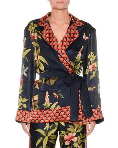 Frs By Francesca Ruffini Jungle Foliage Needlepoint Silk Crepe Wrap Blouse Jacket W/ Border In Blue Pattern