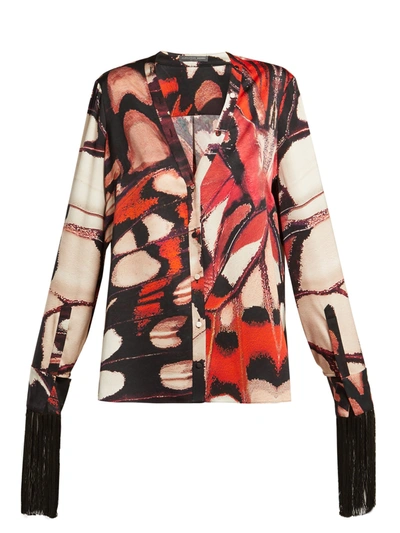 Alexander Mcqueen Plunging Long-sleeve Scarf Fringe Painted Butterfly-print Silk Blouse In Red Multi