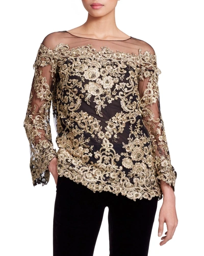 Marchesa Long-sleeve Metallic Corded-lace Evening Blouse In Yellow/black