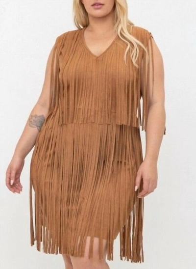 Vocal Apparel Faux Seude Fringe Tunic Dress In Brown