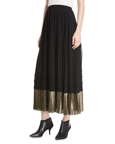 Derek Lam A-line Pleated Plisse Long Skirt W/ Metallic Hem