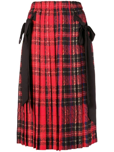 Simone Rocha Pleated Plaid Knee-length Skirt W/ Bow Details In Red