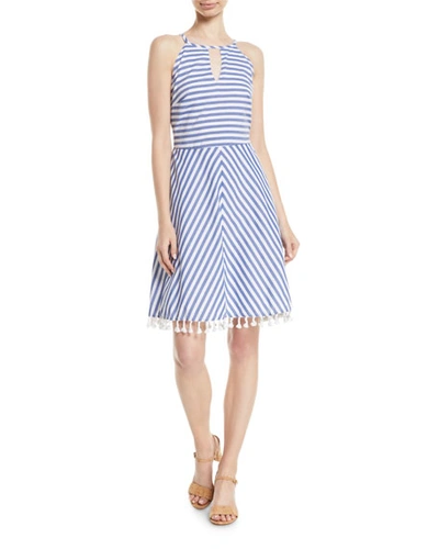 Letarte High-neck Striped Cotton Halter Dress W/ Tassel Hem In Blue