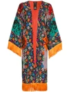 Etro Fringed Floral-print Satin-jacquard Kimono In Orange