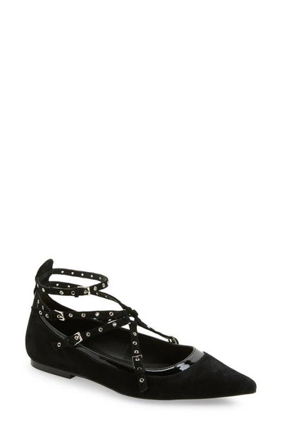 Jeffrey Campbell Strappy Pointed Toe Flat In Black Suede Patent