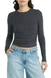 Madewell Long Sleeve Ruched Brushed Jersey Top In Black Coal