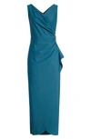 Alex Evenings Embellished Side Drape Column Formal Gown In Deep Teal