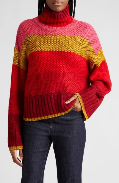 Farm Rio Shiny Stripe Colorblock Turtleneck Sweater In Shiny Stripes Multi