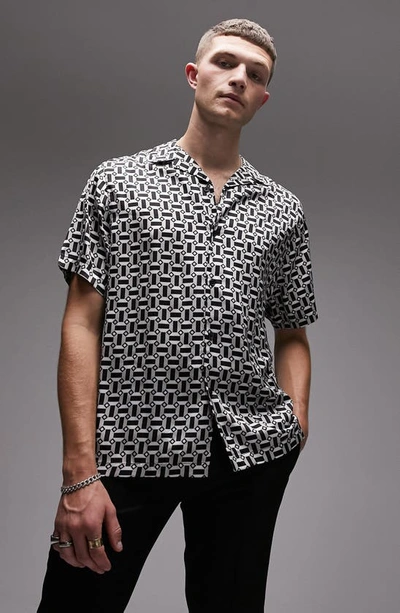 Topman Geometric Print Short Sleeve Satin Camp Shirt In Multi