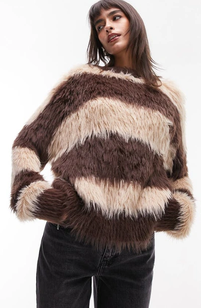 Topshop Stripe Faux Fur Jumper In Stone