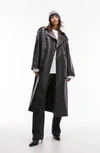 Topshop Faux Leather Trench Coat In Light Grey