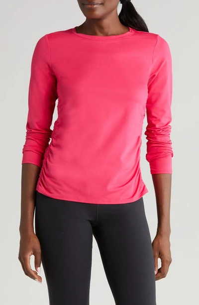 Zella Ruched Long Sleeve T-shirt In Pink Bright