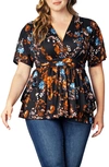 Kiyonna Encore Print Faux Wrap Top In Midnight Asters