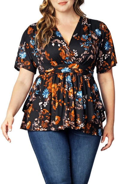 Kiyonna Encore Print Faux Wrap Top In Midnight Asters