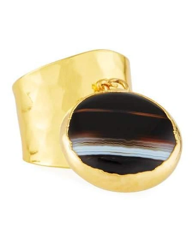 Nest Jewelry Hammered Gold-plate Ring With Black Agate Charm, Adjustable