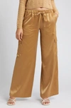 Open Edit Satin Cargo Pants In Tan Cartouche