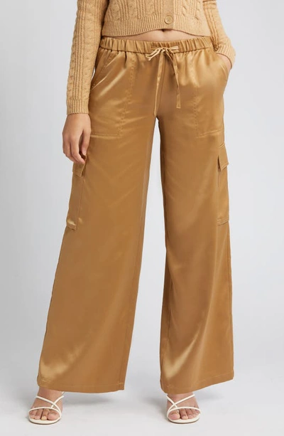 Open Edit Satin Cargo Pants In Tan Cartouche