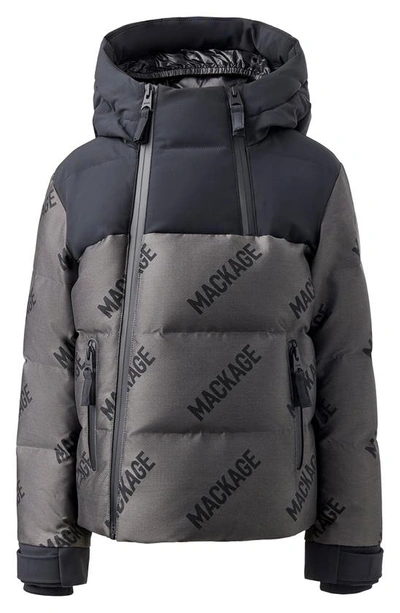 Mackage Kids' Leland Logo Jacquard Hooded 800 Fill Power Down Ski Jacket In Carbon