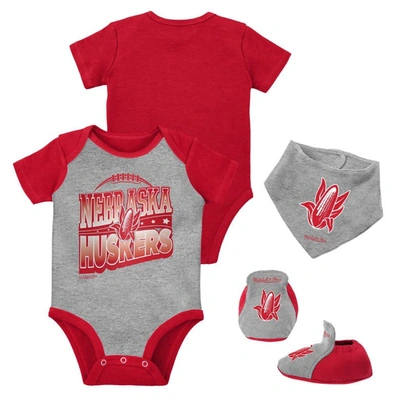 Mitchell & Ness Baby Boys And Girls  Scarlet, Heather Gray Nebraska Huskers 3-pack Bodysuit, Bib And In Scarlet,heather Gray