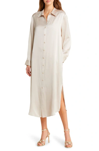 Nordstrom Long Sleeve Satin Midi Shirtdress In Beige Pumice