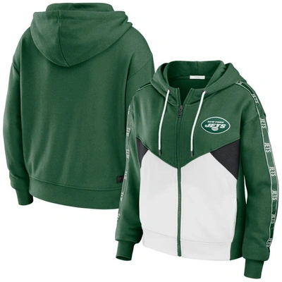Wear By Erin Andrews Green/white New York Jets Color Block Light Weight Modest Crop Full-zip Hoodie