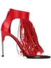 Alexander Mcqueen Calfskin Fringe Sandal With Metal Heel In Red