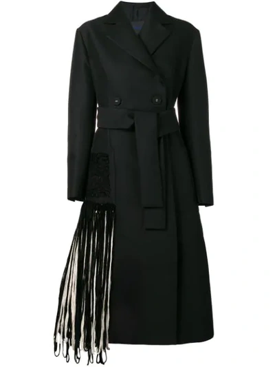 Proenza Schouler Notched-lapel Self-belt Yarn-fringe Wool-blend Coat In Black