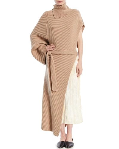 Rosetta Getty Turtleneck One-sleeve Chunky Rib Cashmere Wrap Tunic In Neutrals