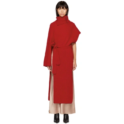 Rosetta Getty Turtleneck One-sleeve Chunky Rib Cashmere Wrap Tunic In Red