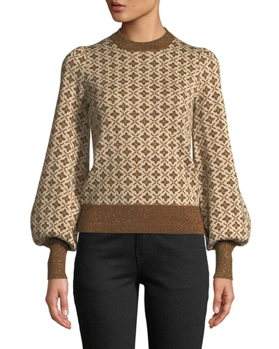 Co Crewneck Blouson-sleeve Jacquard Knit Pullover Sweater In Gold
