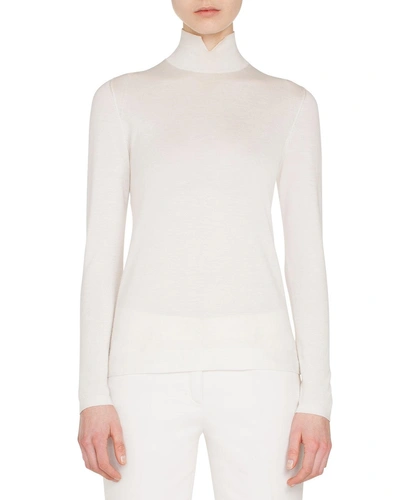 Akris Slit Mock-neck Long-sleeve Cashmere-silk Knit Pullover Top In White