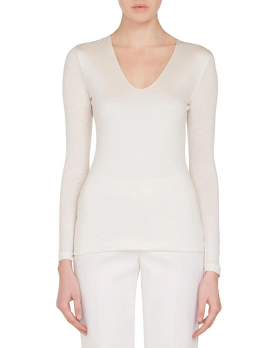 Akris V-neck Long-sleeve Cashmere-silk Jersey Top In White