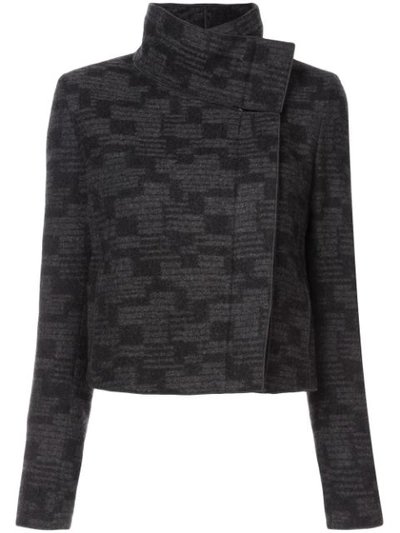 Akris Rhode Island Funnel-collar Printed Tweed Cashmere Short Jacket In Grey