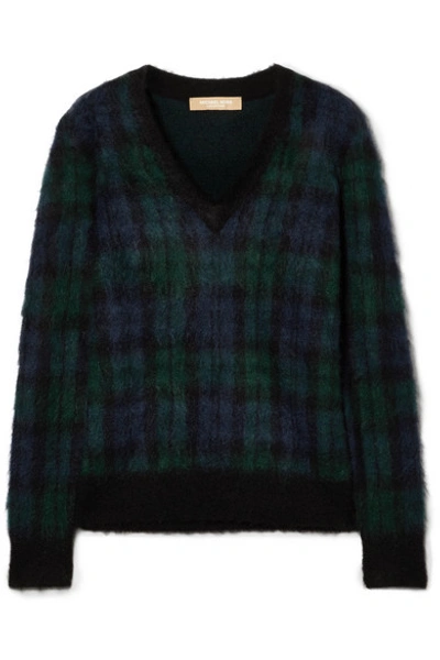 Michael Kors V-neck Long-sleeve Tartan Pullover Sweater W/ Calf Hair Patches In Navy