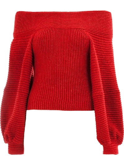 Oscar De La Renta Off-the-shoulder Metallic Ribbed Wool-blend Sweater In Red