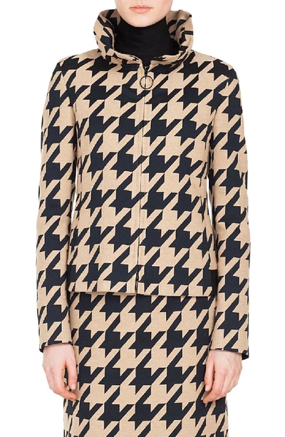 Akris Punto Ruched Stand-collar Zip-front Macro-houndstooth Jacquard Jacket In Black/ Caramel