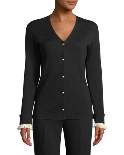 Escada Wool/silk V-neck Cardigan W/ Detachable Cuffs In Black