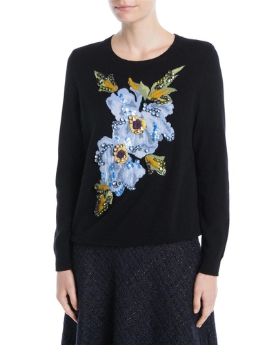 Escada Crewneck Floral-embroidered Wool-cashmere Pullover Sweater In Black Pattern