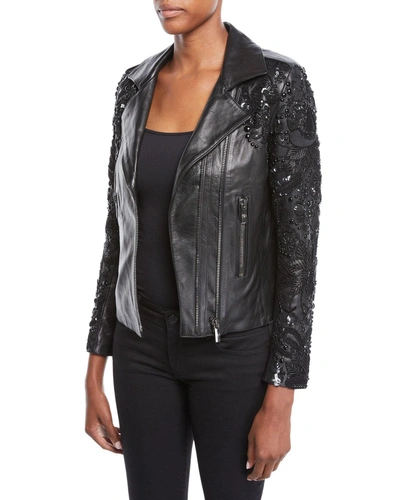 Nour Hammour Sophia Zip-front Lambskin Leather Jacket W/ Studded Embroidered Sleeves In Black Pattern