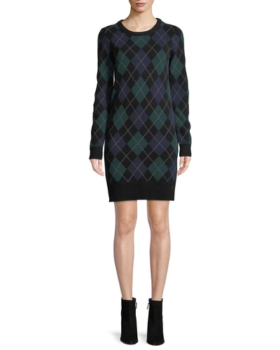 Michael Kors Crewneck Long-sleeve Argyle Cashmere Sweater Dress In Black Pattern