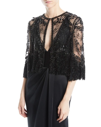 Naeem Khan Beaded Cropped Evening Jacket W/ Fringe Hem In Black