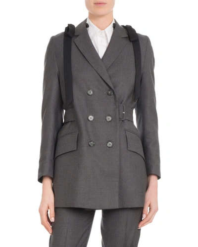 Simone Rocha Double-breasted Shoulder-bows Belted Wool Straight Blazer In Charcoal