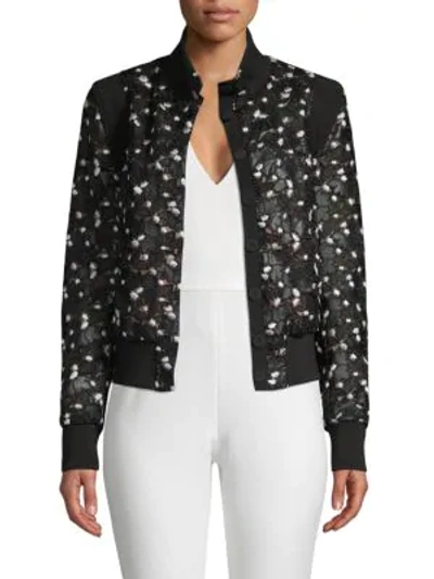 Giambattista Valli High-neck Button-front Floral Lace-cut Bomber Jacket In Black