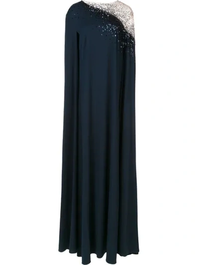 Oscar De La Renta Illusion Sequin-embroidered Cape-back Evening Gown In Navy