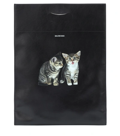Balenciaga Plast Small Leather Shopper Tote Bag With Kitten Animal Graphic In Black